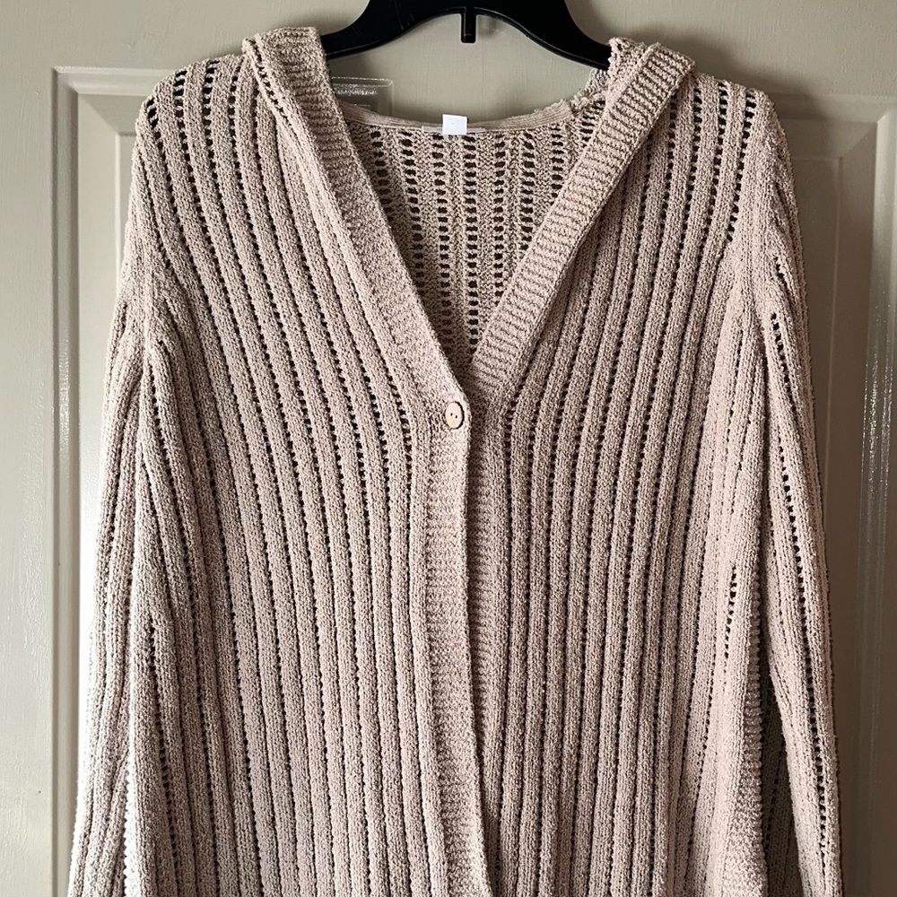 J. Jill Tan Open-Knit Cardigan Hooded One Button